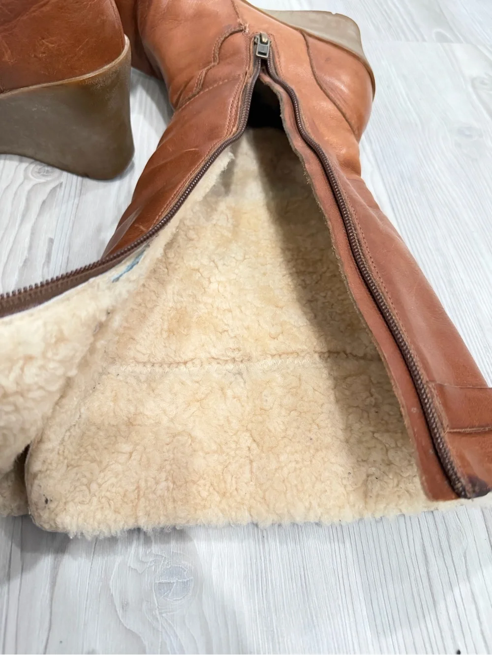 UGG Leather Tall Wedge Women’s Boots. Sherpa lined. Cognac Brown. Size 7. Used